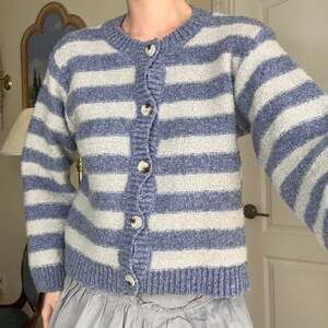 Vintage Blue and Grey Striped Knit Cardigan, Size Medium